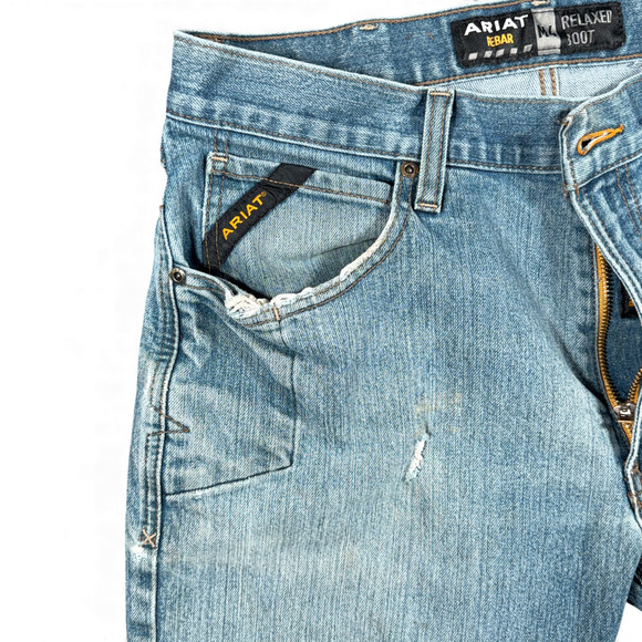 Ariat Jeans Mens 34x35 Blue Rebar M4 Bootcut Relaxed Medium Wash Denim Workwear - Picture 7 of 10